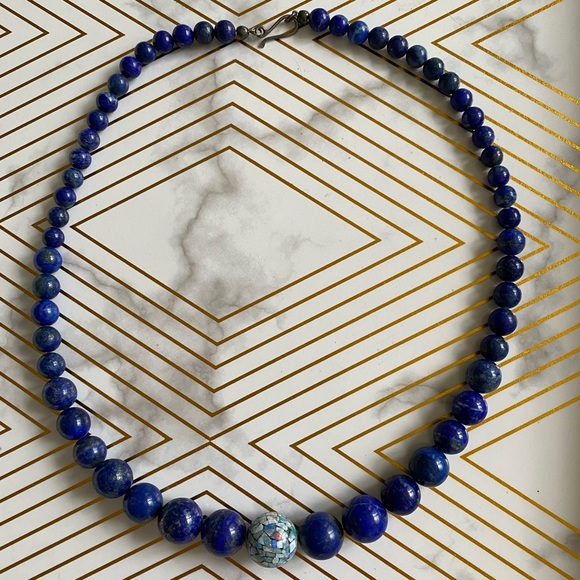 Blue Lapis Lazuli Beaded Necklace .925 Stamped Clasp Vintage Vibes! - Picture 3 of 6